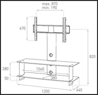 Teknisk diagram med dimensioner af et Sonorous PL2100B-SLV TV-møbel, set forfra og fra siden, i sort/hvid