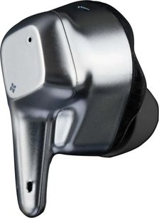Écouteur intra-auriculaire Bluetooth Hifiman Svanar Wireless argent métallisé en alliage, coque anguleuse avec tige courte percée d’un orifice micro et logo discret, embout silicone noir, vue de trois-quarts