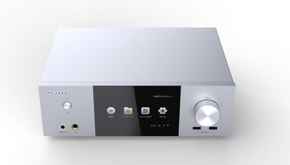 Zidoo Neo S sølvfarvet multimedie-afspiller, set forfra, med børstet aluminiumsfront, LCD-skærm og kontrolknapper
