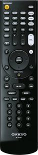 Sort Onkyo RC-926R fjernbetjening med knapper og navigationshjul til Onkyo PR-RZ5100 sort forstærker til hjemmebiografsystem, set forfra