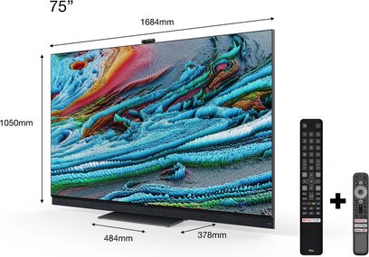 TCL 75X925 75-tommer TV viser et abstrakt farverigt billede af blå og røde bølger og hvirvler