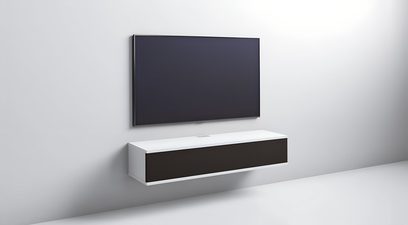 Nástěnný audio-video nábytek Unnu Classic Series Model 12S v bílém dřevě, hladké černé čelo, pohled z levého tříčtvrtečního úhlu