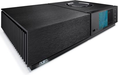 Naim Audio Uniti Nova must stereo-hifi-võimendi, esivaatest, esipaneel sinisel LCD-ekraanil, nuppude ja juhtimisrattaga
