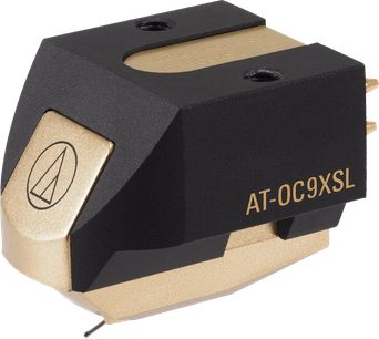 Audio Technica AT-OC9XSL sort og gylden vinylplade-pickup, set ovenfra og fra siden, med diamantlæsespids