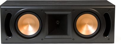 Klipsch RC-62 MkII sort midterhøjttaler, set forfra, med to runde, forgyldte højttalere i et rektangulært, mørkt træhus
