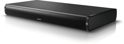 Onkyo LS-T10 Soundbar schwarz, rechteckig und länglich, Vorderansicht auf weißem Hintergrund, mit schwarzem Gitter an der Vorderseite