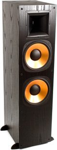 Klipsch RF-7 gulvhøjttaler i mørkt træ, set forfra, med to runde orange højttalere og en rektangulær sort diskanthøjttaler i midten