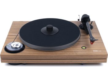 Tocadiscos de vinilo Music Hall MMF 7.3 SE en nogal, vista superior, con brazo de lectura, cápsula y plato negro mate