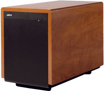 Jamo Sub 250 subwoofer i mørkt træ, rektangulær form, sort frontpanel med hvidt logo øverst til venstre