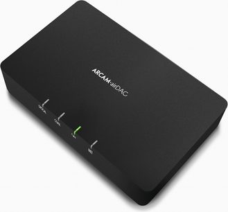 Arcam airDAC sort audio DAC-konverter, set oppefra, 4 knapper, 3 LED-indikatorer, tilslutninger på bagsiden