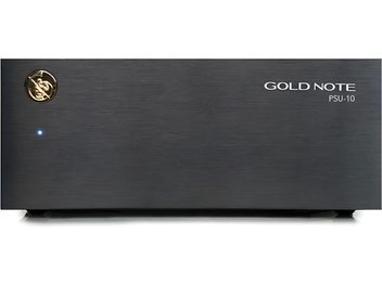 Отделно захранване за HI-FI електроника Gold Note PSU-10, черен, изглед отпред, златно лого върху матовочерна предна част