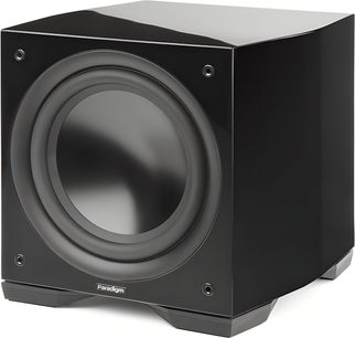 Paradigm Defiance S12 Gloss Black Subwoofer, Cubic Enclosure, Front-Firing Driver, 3/4 Front Right View