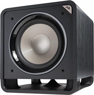 Polk Audio HTS 12 sort subwoofer i sort, set forfra, mat sort kubisk kabinet, sølvfarvet cirkulær højttaler i midten, Polk-logo øverst til højre