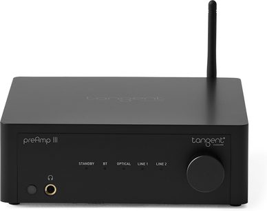 Preamplificator stereo Tangent PREAMP III din metal negru mat, vedere frontală, buton, indicatoare de intrare, priză pentru căști, antenă