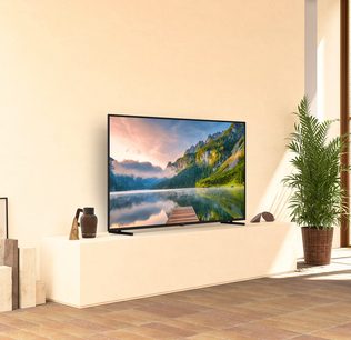 Televisore Panasonic TX-65JX800E che mostra un paesaggio montuoso con lago e foresta, posizionato su un mobile in una stanza