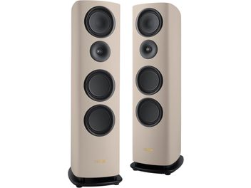 Pair of Canton Reference 5 GS sand floorstanding speakers, beige front with four black drivers, black base