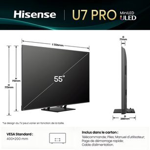 Hisense 55U7Q Pro 55-tommers TV i svart, glasskjerm, plastramme, sentralt stativ, front- og profilbilder