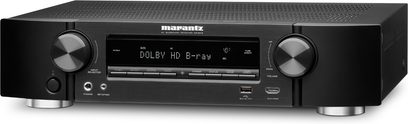 Marantz NR1605 sort hjemmebiografsforstærker, frontpanel, frontvisning, blå skærm, sølvfarvede knapper og drejeknapper