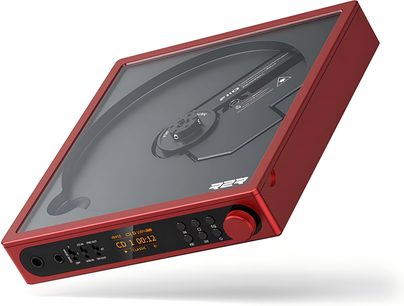 CD přehrávač hi-fi FiiO DM15 R2R červený, průhledné nakloněné tělo, přední displej a velký otočný ovladač