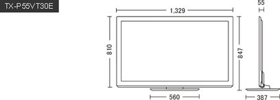 Teknisk diagram med dimensioner af en Panasonic TX-P65VT30E-tv, set forfra, med en skærm på 1320 x 747 mm i et kabinet på 1329 x 847 mm