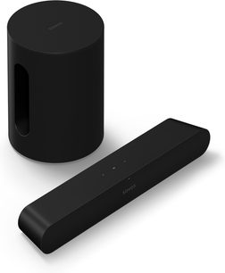 Sonos Ray + Mini Sub fekete hangszóros csomag, fekete henger és téglalap, elölről és oldalról látható, fehér felületen elhelyezve