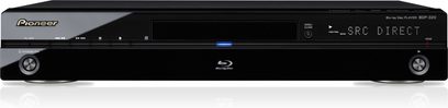Lettore Blu-ray Pioneer BDP-320 nero, vista frontale, display blu, pulsanti e vassoio per il disco sulla parte anteriore