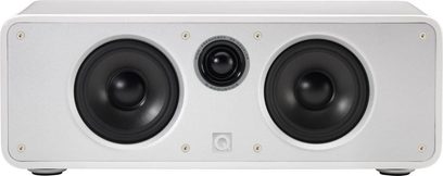 Q Acoustics Concept center hvid højttaler, 2 sorte højttalere på hvid frontpanel, set forfra