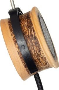Atviras hi-fi ausinės Grado RS2x, šoninis vaizdas, šviesaus medžio korpusas su tekstūruotu raštu, juoda juosta, pintas kabelis