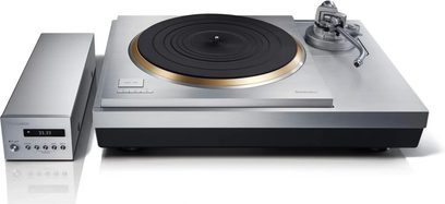 Technics SL-1000R hi-fi vinyl turntable with black and gold circular platter, silver tonearm, and silver rectangular control unit with digital display 33.33