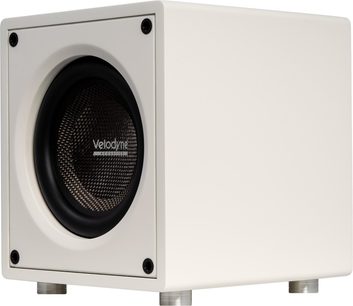 Velodyne VI-Q 10 witte subwoofer, driekwartaanzicht met zwarte luidspreker aan de voorkant