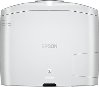 Epson EH-TW9400W hvid videoprojektor, set forfra, afrundet form, Epson-logo, centreret linse, knapper på toppen