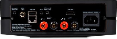 BlueSound Powernode sort hi-fi stereforstærker, bagside, audio- og netværksforbindelser, kontakter og indikatorer