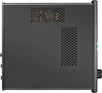 Предусилител за слушалки Chord Electronics Alto, страничен изглед, правоъгълен черен корпус, кръгли перфорации, виден черен бутон