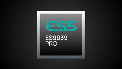 ESS-logo i turkis, tekst "ES9039 PRO" i hvid, sort baggrund, lysegrå ramme, set forfra