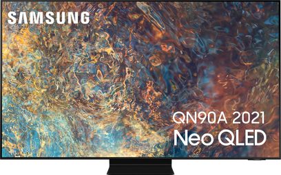 Samsung QN90A 2021 Neo QLED-tv set forfra, slukket skærm med abstrakte farverige refleksioner