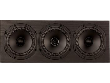 Fyne Audio F5E LCR keskiäänikaiutin, etunäkymä, kolme mustaa pyöreää kaiutinta, tummasta puusta suorakulmainen kotelo