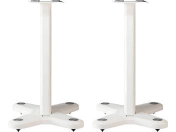 Paar Monitor Audio ST-2 Lautsprecherständer in Weiß, lackierte Metallkonstruktion mit geradliniger Säule und kreuzförmiger Basis mit Spikes, Vorderansicht