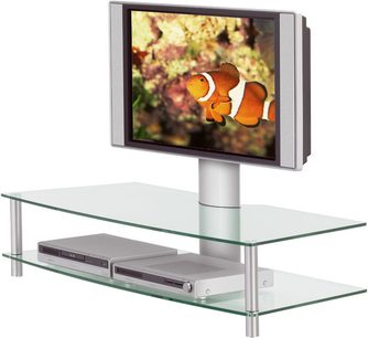 Vogel's DFP 2145 TV-møbel i glas og metal med 2 hylder til apparater, drejelig TV-holder, fladskærm der viser en klovnefisk
