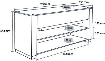 Yamaha YEF-ST810 + YSP900 audio-videomøbel med dimensioner i millimeter, frontvisning i snit, 3 hylder, 970 x 542 x 350 mm
