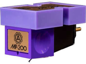 Nagaoka MP-200 hi-fi turntable cartridge in purple plastic with wood-effect top insert, gold logoed front plate, visible stylus, and metal rear connector, three-quarter front view