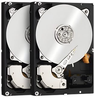 Due dischi rigidi interni HDD aperti, piatti argentati e bracci di lettura visibili, alloggiamento nero