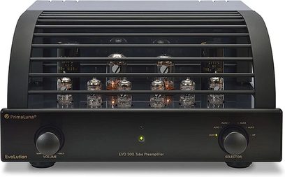 PrimaLuna EVO 300 sort forstærker, set forfra, 12 elektronrør, knapper og vælgere på forsiden