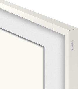 Samsung The Frame tv-lijst 55 inch wit, smalle matte rand, close-up van de bovenhoek