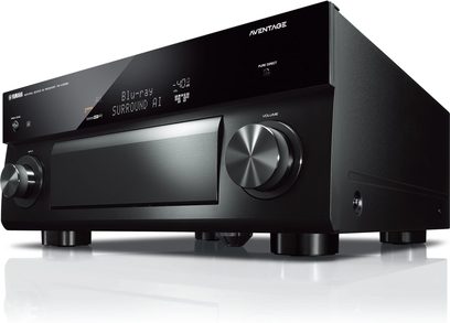 Yamaha RX-A3080 sort hjemmebiografsforstærker, frontvisning, blåt display, sølvfarvede knapper og drejeknapper, 2 store drejeknapper