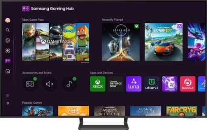 TU55DU8575 2024 højdefinitions-TV, skærm der viser Samsung Gaming Hub-grænsefladen med forskellige apps og spil