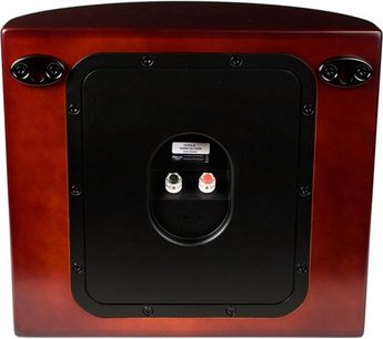 Mørk træ Klipsch Icon WS-24 baghøjttaler, front med sort midterhøjttaler og røde tilslutningsterminaler