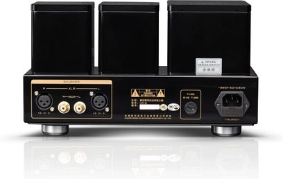 Cayin HA-3A high-fidelity headphone preamplifier in black metal, rear view showing three rectangular transformer housings, gold-plated XLR and RCA connectors, fuse, IEC power socket, and silver cylindrical feet