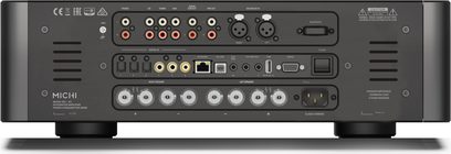 Integreret Rotel Michi X3 sort hi-fi stereoforstærker, frontpanel med stik, knapper og skærm, set forfra
