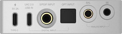 Questyle SIGMA Pro ezüst hordozható DAC hátlapja USB‑C, S/PDIF, optikai, balanszolt jack és szimmetrikus (SE) jack bemenetekkel