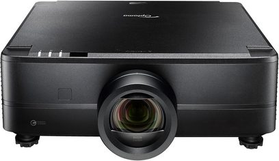 Videoproiettore Optoma UHZ78LV nero, vista frontale, grande obiettivo centrale e scocca rettangolare